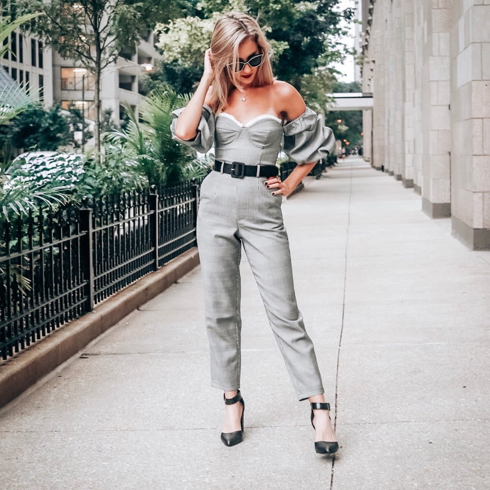 Gingham off the shoulder puff sleeve jumpsuit